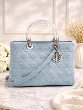 Authentic Dior Lady Dior Denim Large Tote Blue Cannage Quilted Clear Handle Bag